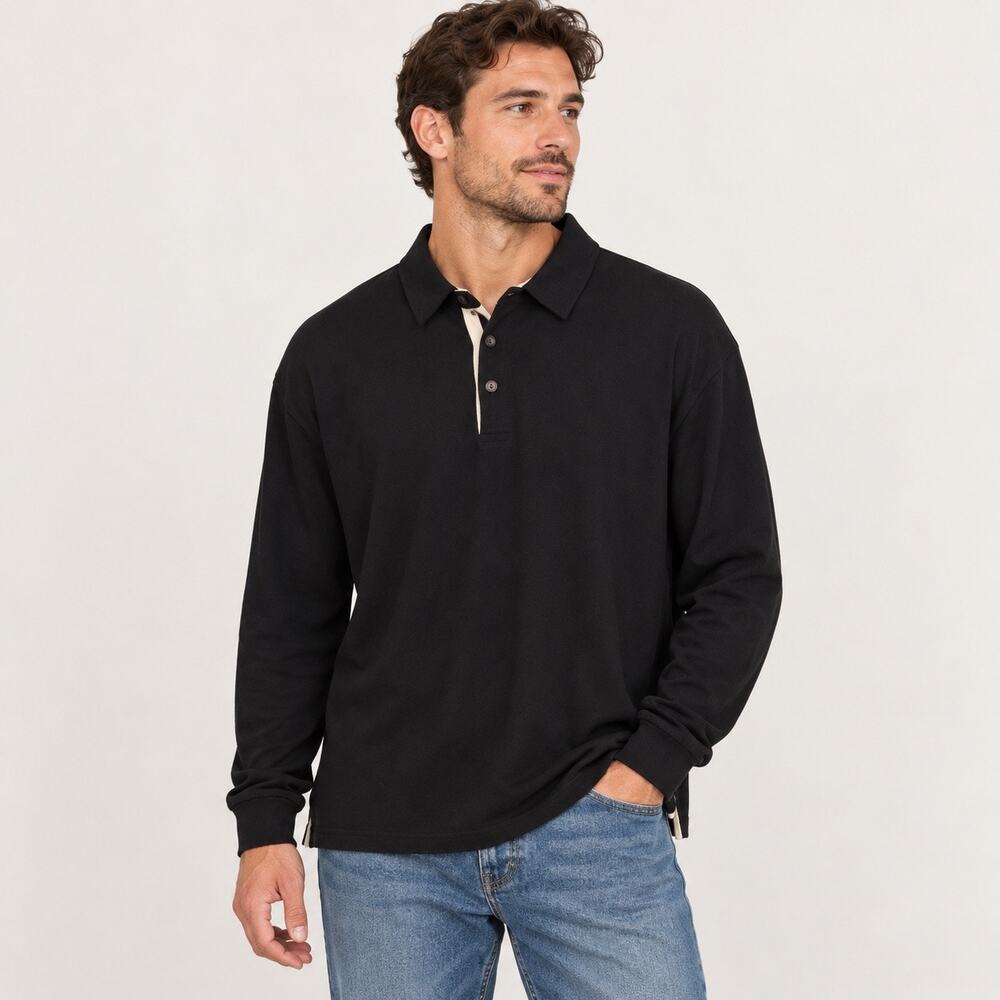 NWOT American Giant Men's Premium Slub Long Sleeve Polo Shirt In Black Size XXL